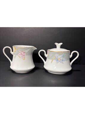 Mikasa Charisma Gray Sugar Bowl & Creamer Set Floral Porcelain Japan Vintage 80s